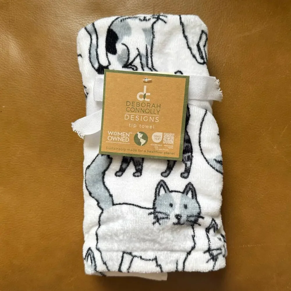 NWT Deborah Connolly Designs Tip Towel White Black Grey Cat NEW